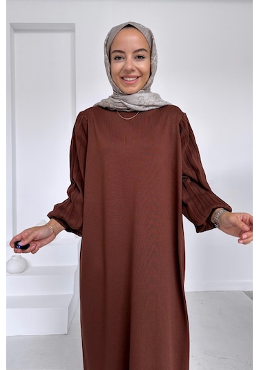 Balon Kol Merserize Elbise - Kahverengi