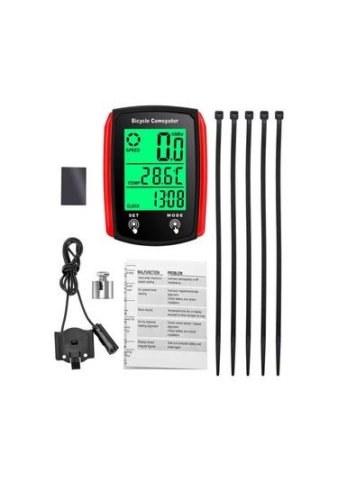 Aubyhe Abs Su Geçirmez Bisiklet Kablolu Lcd Bilgisayarı: Hız Ve Mesafe Ölçer, Gece Aydınlatması, Siyah-kırmızı Kırmızı