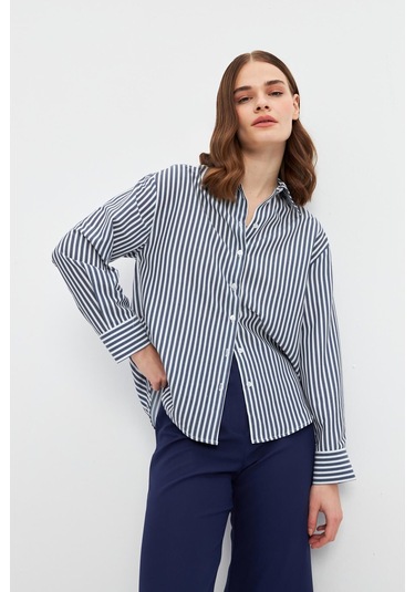Stella Pulvis Lacivert Oversize Çizgili Gömlek Lacivert