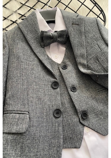 Ceketli Yelekli Papyonlu Erkek Çocuk Takım Elbise Gri