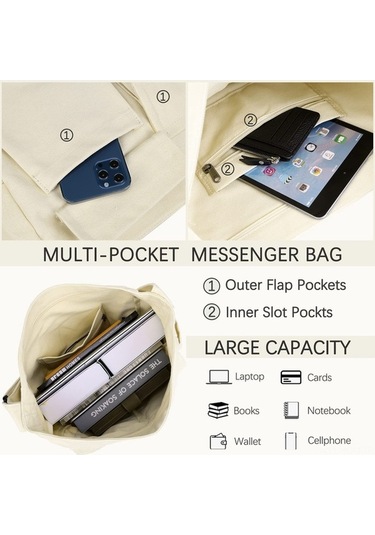 Xianwen Büyük Tuval Messenger Çantası Çok Cepli Hobo Çapraz Beyaz