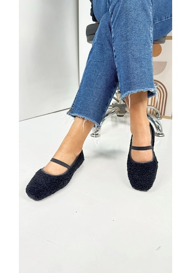 Günlük Kadın Babet Peluş Lastikli Oval Burunlu Alçak Topuklu Tırtıklı Tabanlı Ayakkabı 369 Siyah