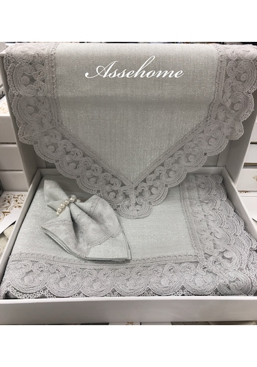 Linen Gri Simli Jute Masa Örtüsü Takımı