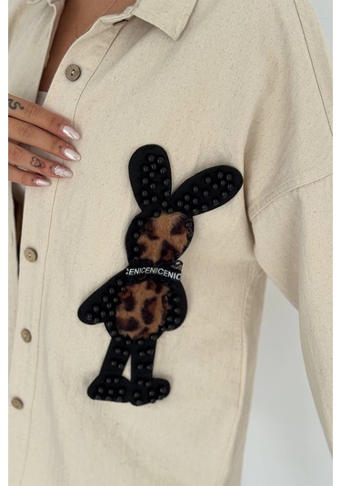 Leopar Ayıcık Armalı Gabardin Kumaş Gömlek Krem Krem