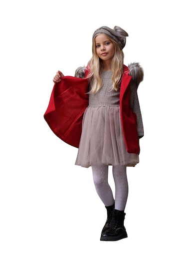 Riccotarz Kız Çocuk Üzeri Kare Desenli Eteği Tüllü Elbise Kürk Detaylı Kolsuz Kırmızı Kaşe Kırmızı