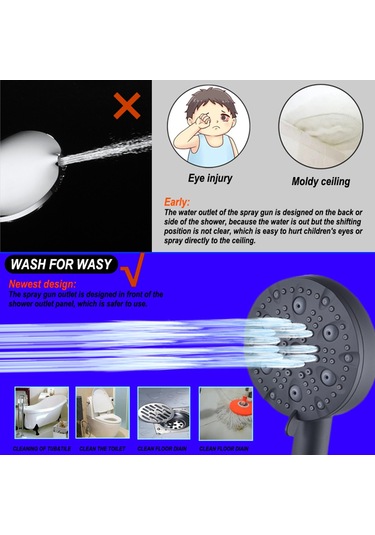 Su Tasarruflu 10 Modlu El Tipi Filtreli Duş Başlığı, Paslanmaz Çelik Hortum + Braket, Mat Siyah