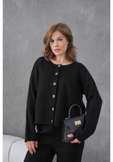 Kadın Bisiklet Yaka Düğme Kapama Kaşkorse Ceket Pantolon İkili Triko Takım Siyah