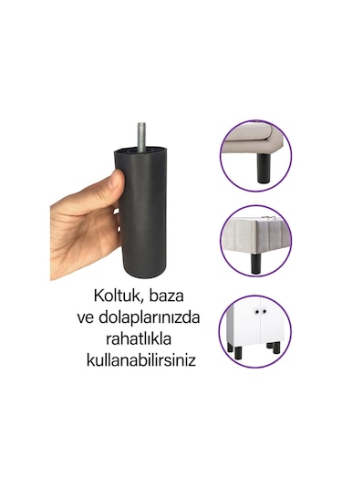 4 Adet Silindir Destek Ayağı 12 Cm Siyah Gizli Ayak Mobilya Kanepe Baza Koltuk Dolap Sehpa Tv Ünitesi Ayağı