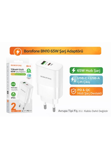 Bn10 65w Süper Hızlı Şarj Aleti Type-c Pd & Usb-a Qc Çift Portlu Adaptör
