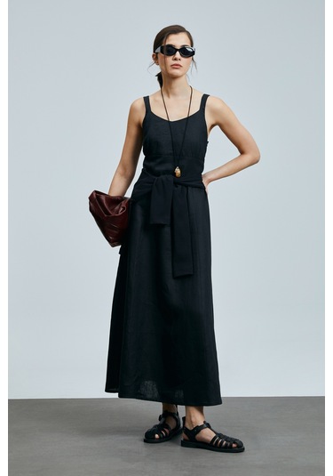 Lufian Selene Kadın Askılı Keten Elbise Siyah Siyah 121290015100100 Siyah