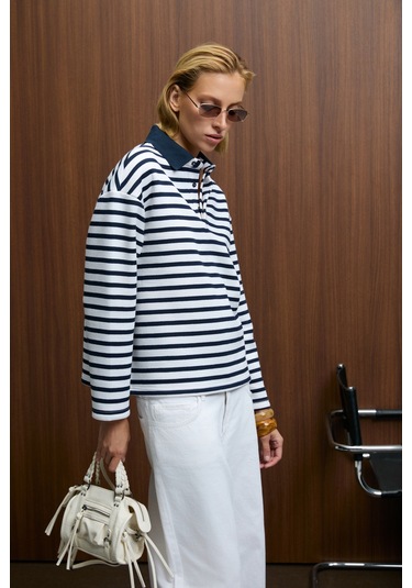 Grımelange Muse Kadın Çizgili Triko Polo Yakalı Regular Fit Lacivert Sweatshirt Lacivert