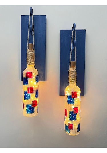 Led Işıklı Koyu Mavi Renkli Vitray Cam Salon Bar Bahçe Dekoru Şar Çok Renkli