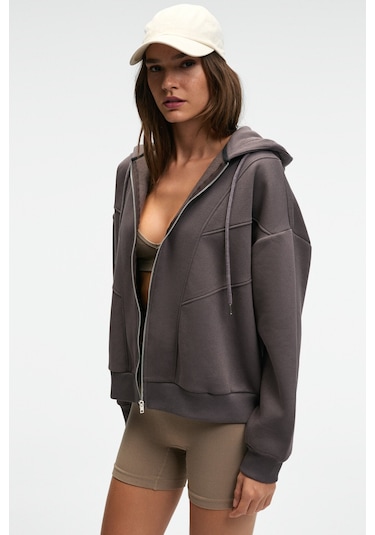 VYSELLE Kadın Önü Kesikli Metal Fermuarlı Kapüşonlu Etiket Detaylı Oversize Antrasit Sweatshirt