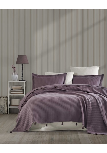 Newhome Saç Örgülü %100 Pamuk Lüx Pike Takımı Mürdüm Karışık Renk