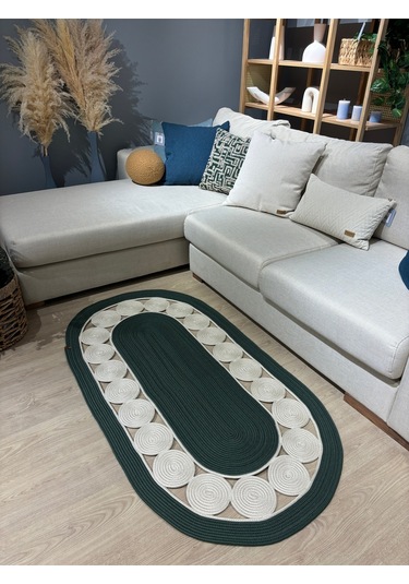 Cookie Jüt Hasırlı El Örgüsü Kilim Krem - Yeşil