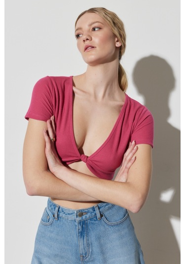 Regular Fit Normal Kesim V Yaka Pembe Crop Bluz Pembe