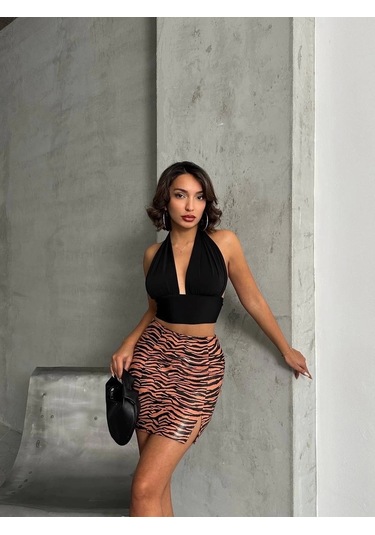 Tek Yırtmaçlı Zebra Desenli Deri Etek Kahvesiyah W24475-s Kahve