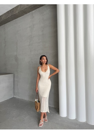 Kadın Askılı Ajurlu Yazlık Triko Elbise Krem