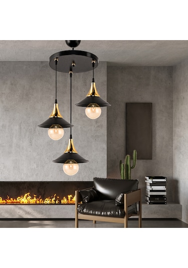 Dd Üçlü Embudo Tepsili Avize Gold Huni Japon Şapkalı Siyah3