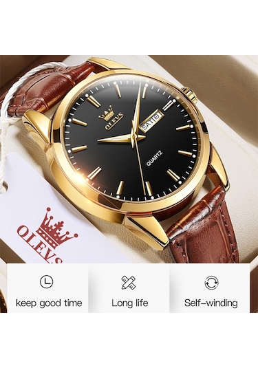 Olevs 6898 Erkekler Moda Su Geçirmez Çift Takvim Kuvars İzle Siyah