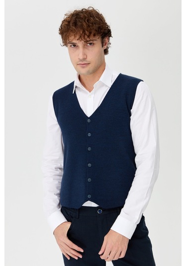 Erkek V Yaka İnce Triko Yelek İndigo İndigo