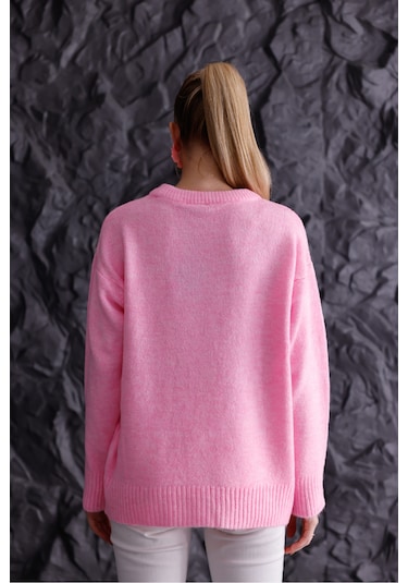 Bisiklet Yaka Oversize Basic Triko Kazak Pembe