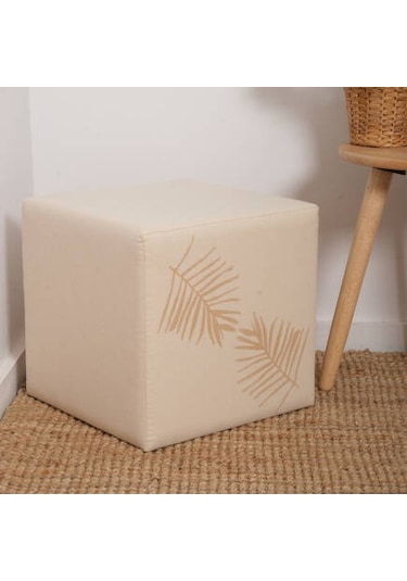 Palm Puf-bej/yaprak Baskılı 40x40x40 Cm