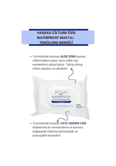 Byphasse Waterproof Makyaj Temizleme Mendili Hassas Ciltler 25'li