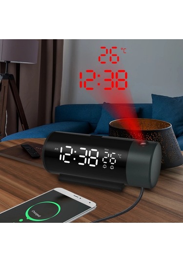 Hymark Projeksiyonlu Silindir Usb Güç Led Ekran Çalar Saat Sıcaklık Çift Alarm Siyah