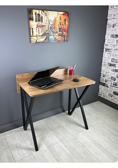 Hayal Ceviz Çalışma Masası Bilgisayar Ofis Masası Metal Siyah Ayaklı 90 Cm Ceviz
