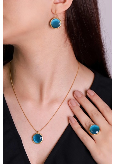 Beyisa Güneş Taşı Serisi Yuvarlak Mavi Renkli Kadın Otantik Gümüş Üçlü Takı Seti