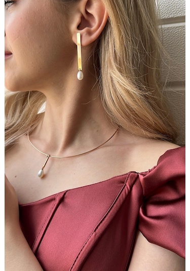 10,5 Mm Doğal İnci Choker Küpe Kolye İkili Set
