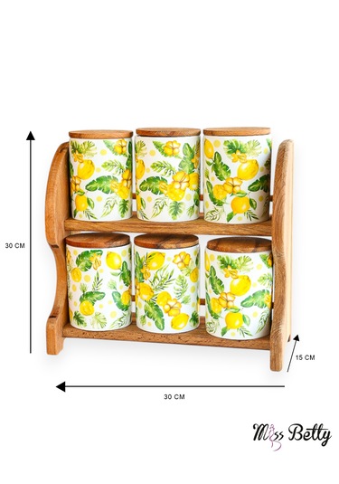 Citrus Ahşap Standlı 6'lı Porselen Baharatlık Sarı