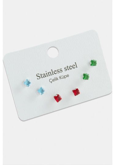 6 Adet Kare Zirkon Tek Taşlı Çelik Küpe 0401 Gümüş