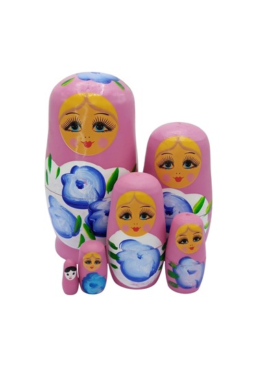 Ahşap Matruşka Bebek Altılı Set Gül Pembe