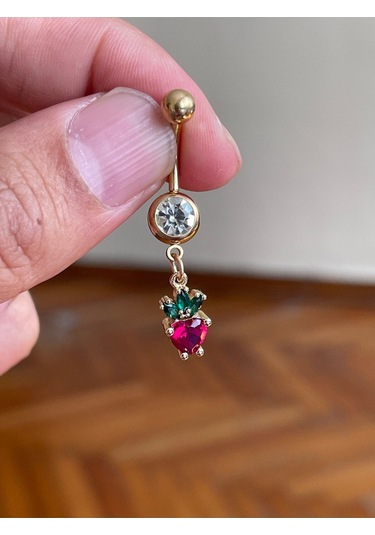 Cerrahi Çelik Piercing Taşlı Çilek Piercing Çilekli Göbek Piercingi Gold