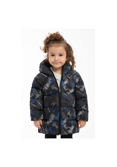 Kız Çocuk Saks Antrasit Dijital Desen İçi Polar Su Ve Rüzgar Geçirmez Kapüşonlu Şişme Kışlık Mont Antrasit - Saks Mavi