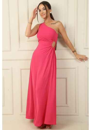 Kadın Tek Omuz Yan Pencere Detaylı Uzun Krep Saten Elbise-38277 Fuşya
