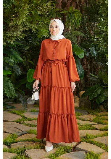 6567-büzgülü Bağcıklı Elbise Taba Taba