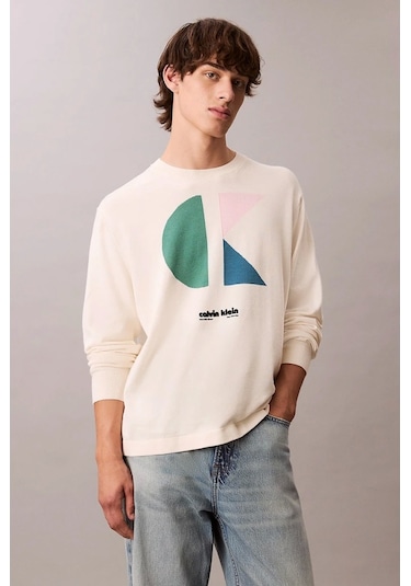 Calvin Klein Jeans Uzun Kollu Renk Bloklu Grafik Pamuklu Beyaz Erkek Kazak Lv04rc303g-yas Beyaz