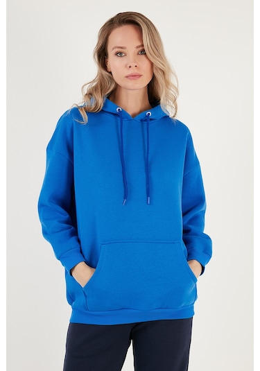 Lela Regular Fit Pamuklu Kapüşonlu Yaka Şardonlu Kışlık Bayan Sweat 5863854 Saks