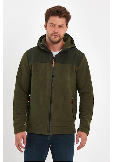 Rodi Jeans Erkek Ön Arka Garnili Fermuarlı Kapüşonlu Polar Haki
