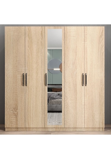 Kristal 5 Kapaklı Dolap Gardırop Meşe - Ücretsiz Kurulum