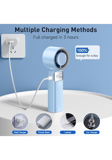 Şarj Edilebilir El Tipi Vantilatör, Mini Taşınabilir Vantilatör 5000mah, Açık Mavi,