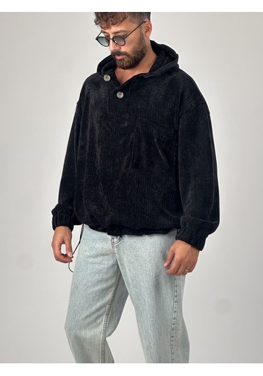 Kadife Dokulu Siyah Oversize Kapüşonlu Erkek Sweatshirt Coc1038 Siyah