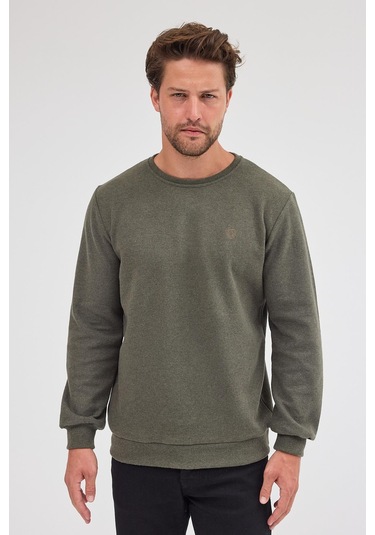 Erkek Haki Standart Fit Normal Kesim Pamuklu Basic Bisiklet Yaka Sweatshirt Haki