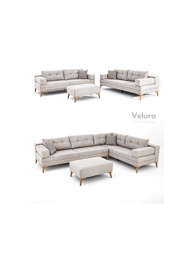 Zeri 3+3+3 Yataklı Puzzle Modüler U Köşe Koltuk Takımı & Puflu Köşe Takımı - Latte 144 Kahve - Krem