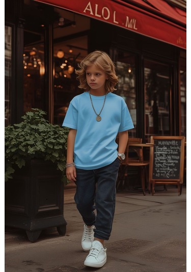 Mavi Çocuk T-shirt Kız Erkek Unisex %100 Pamuk Mavi