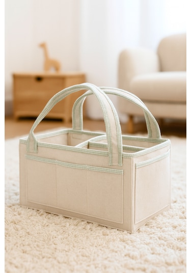 Anne Bebek Kalın Keçe Bakım Çantası Yenidoğan Için Organizer Düzenleyici Çok Amaçlı Krem Yeşil Overlok Detay