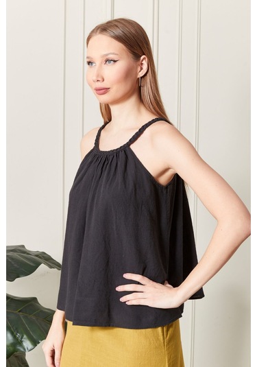 Şık Farklı Tarz Keten Işıl Bluz - Zarif Ve Modern Tasarım Siyah